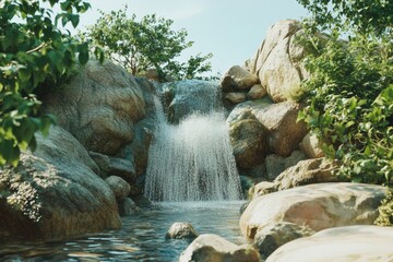 Poster - Waterfall cascading down rocky terrain surrounded by lush green vegetation in bright daylight. Generative AI