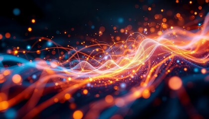 Wall Mural - abstract data stream, dynamic blue and orange light waves visualization