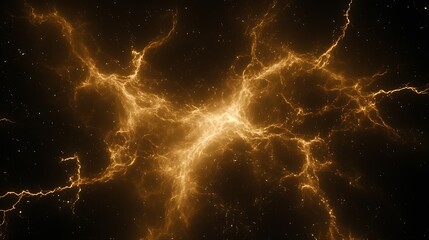 Poster - Golden Energy Lightning Fractal Light Streaks in Dark Space Backdrop with Cosmic Stars Effects