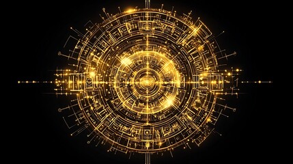 Poster - Golden Glowing Circular Technology Circuit Board Pattern Abstract Geometric Design on Black Backdrop