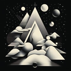 Poster - Abstract cosmic mountainscape, open book, night sky; book cover design