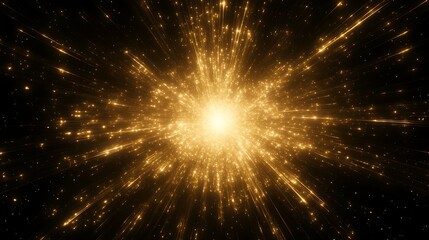 Poster - golden light burst radiating from a central point shimmering stars illuminating dark space scintilla