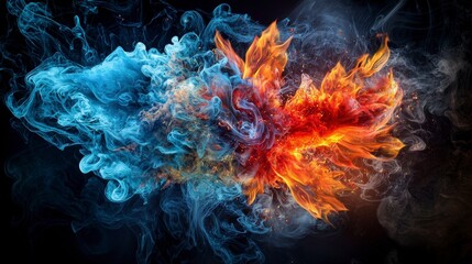 Poster - Dynamic fire and water fusion abstract art digital creation vivid colors close-up fluid motion concept