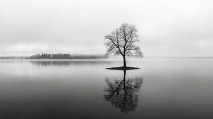 Poster - Solitary tree reflection serene lake monochrome landscape foggy atmosphere minimalist view nature concept