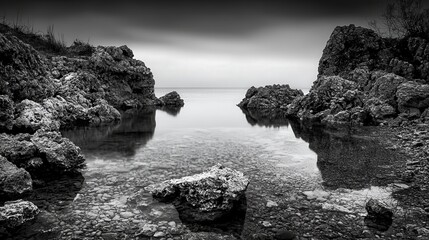 Aufkleber - Tranquil seascape reflection rocky coastline black and white photography serene environment minimalist concept