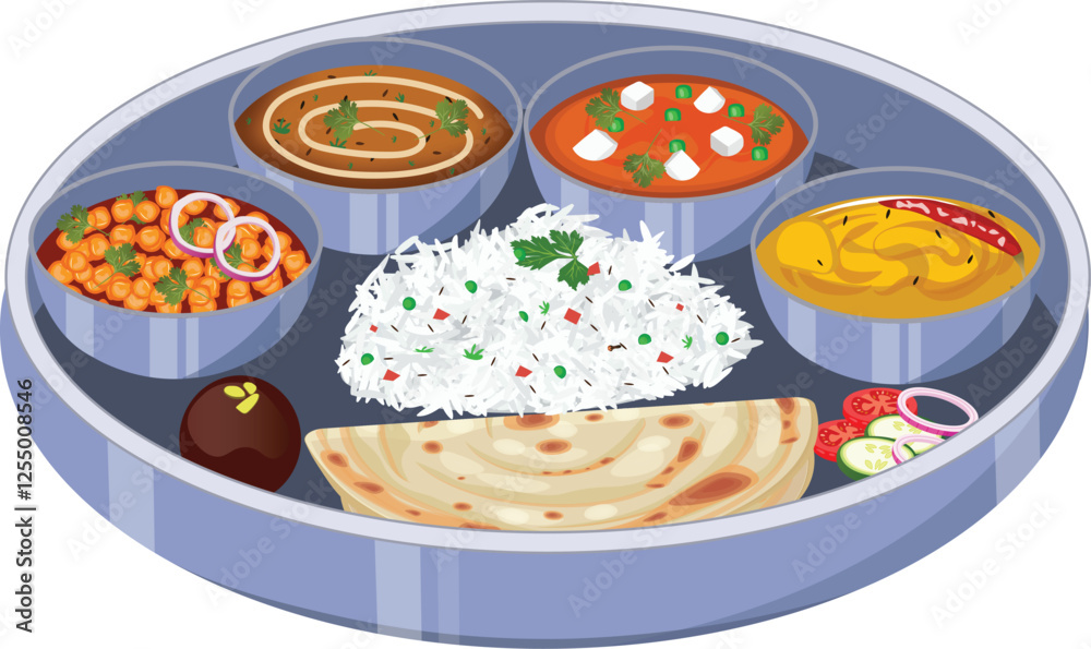 Rectangle Thali Vector Indian Veg Food Thali Vector Illustration Stock Vector | Adobe Stock