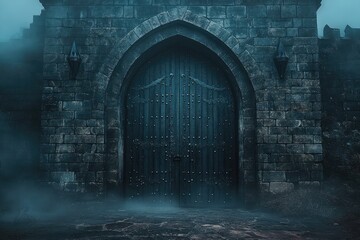 Poster - Fog entering medieval castle through large wooden door