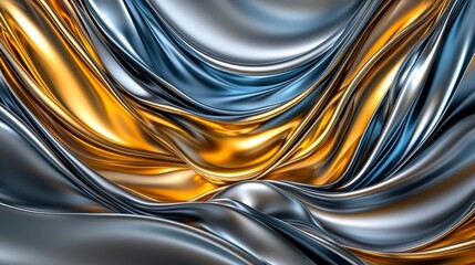 Poster - Dynamic fluid motion of shiny metallic textures in silver and gold abstract art digital rendering modern aesthetic