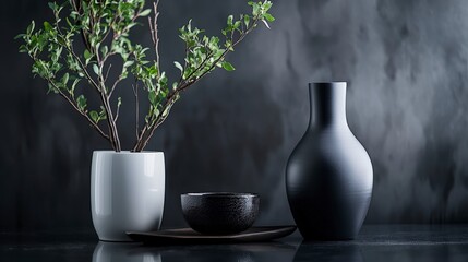 Aufkleber - Sophisticated still life arrangement with black and white vases indoor studio setting minimalist design calm environment