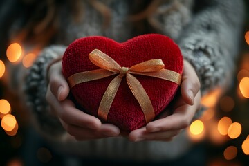 Wall Mural - Woman holding red heart shaped gift with golden ribbon in hands