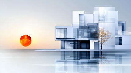 Aufkleber - Modern architecture illuminated by sunset reflection serene urban environment digital art aerial view strategic shadow play