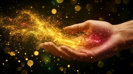 Poster - Hand Holding Radiant Golden Energy with Bokeh Lights a Mesmerizing Display of Mystical Magic