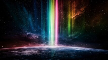 Poster - Dazzling vertical aurora light beams over earth cosmic landscape digital art vibrant night sky ethereal viewpoint
