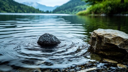 Poster - Rippling water effect from stone impact serene lake photography natural environment close-up view tranquility concept