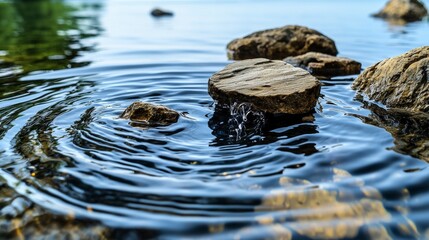Aufkleber - Rippling water created by stone impact lake shore nature photography serene environment close-up motion concept