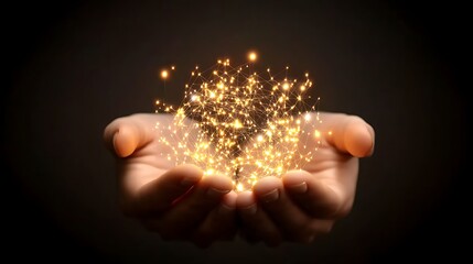 Poster - Human Hands Holding Digital Golden Light Network Sphere Innovation Connecting Data Information