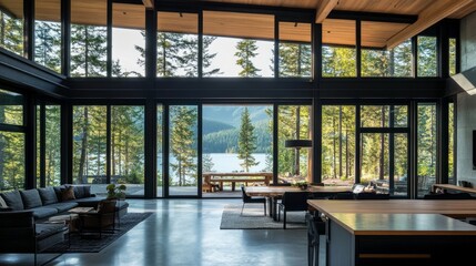 Wall Mural - Big windows, black aluminum swing doors, and a view of the outdoors