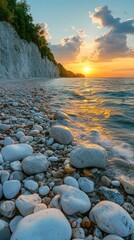 Wall Mural - Sunset illuminating white cliffs and rocky beach on the baltic sea