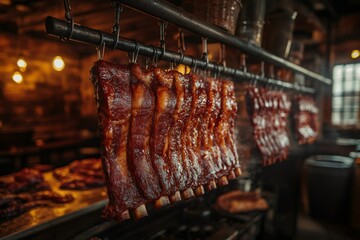 Wall Mural - Delicious smoked barbecue pork ribs hanging in a restaurant kitchen