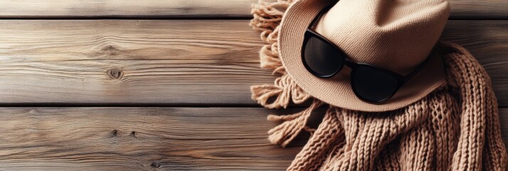 Aufkleber - Fashion accessories arranged on a rustic wooden table showcasing hats, scarves, and sunglasses for stylish outfits in any season. Generative AI