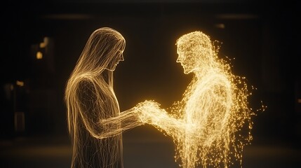 Poster - Interconnected Human Forms in Digital Space Glowing Figures Touch Connection Technology and Innovation