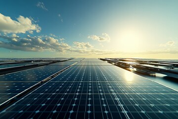 Wall Mural - vibrant solar panel array shining under bright sunlight against a clear blue sky and white clouds