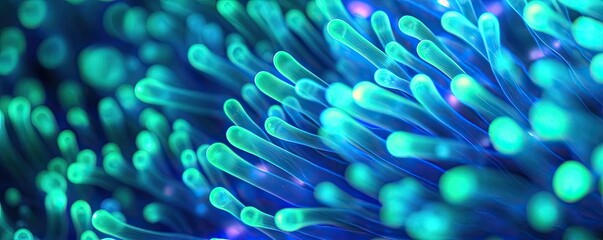 Poster - marine animals microscopic idea. a vibrant abstract representation of glowing microorganisms in a bl