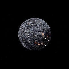 Poster - Intricate Techno Planet with Glowing Windows in the Dark Void of Space Abstract Science Artwork