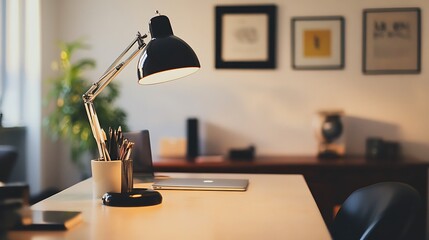 Poster - Modern office workspace with desk lamp, laptop and artwork. Possible use Stock photo for office interior design