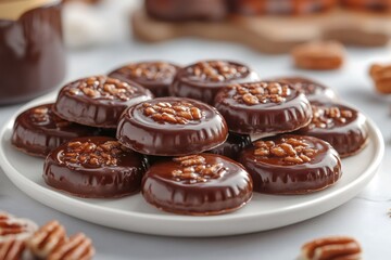 Wall Mural - Delicious chocolate cookies with crispy topping on white plate