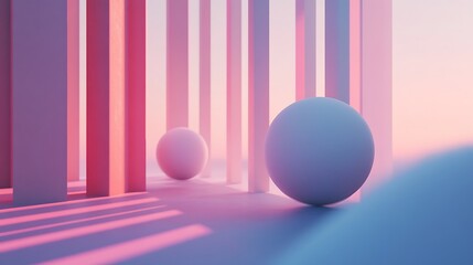 Aufkleber - Abstract geometric scene, soft pastel colors, light rays. 3D rendered, digital art. Potential use background for social media post, design inspiration