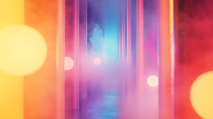 Aufkleber - Neon corridor with colorful columns and bokeh lights