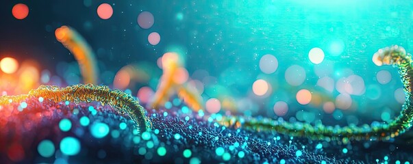 Poster - marine research microscopic concept. abstract macro image of colorful glowing microorganisms in a vi