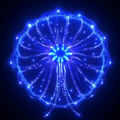 Poster - Luminous Blue Floral Sphere Optical Illusion Abstract Concept with Circular Array and Light Trails