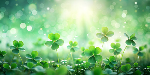 Sticker - Saint Patrick's Day Lush green clovers bask in soft sunlight, creating a serene and vibrant atmosphere with blurred bokeh effects in the background.