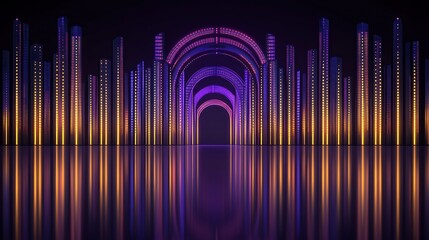 Poster - Luminous Cityscape with Reflected Arches in Water Surface Under Dim Light Atmosphere in Backdrop