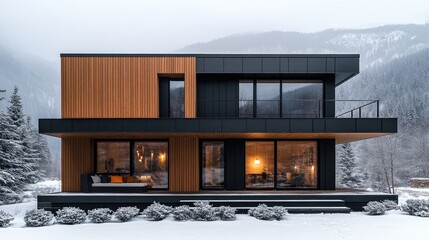 Wall Mural - Modern wooden chalet nestled in snowy mountain landscape during winter