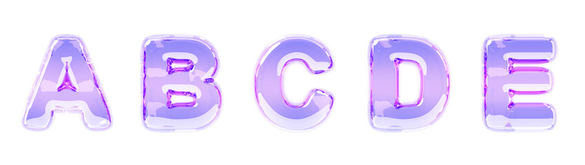 Poster - 3d glass holographic font letters a, b, c, d, e. English alphabet of liquid transparent bubbles. Iridescent glossy text balloons with gradient texture, isolated realistic render set. 3D illustration