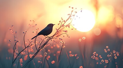 Poster - Silhouette bird sunset meadow, tranquil scene, possible use for nature wallpaper