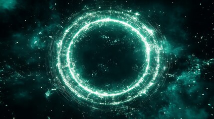 Wall Mural - Luminous Teal Cosmic Ring Gateway to Another Universe with Sci Fi Technology Elements and Particle Clouds