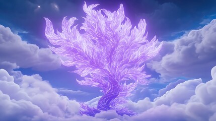 Wall Mural - Luminous Tree of Dreams Shines Amidst Celestial Clouds in the Blue Sky Fantasy Art Scene