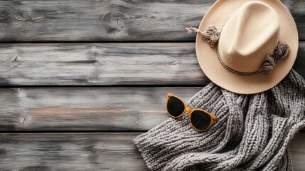 Aufkleber - Fashion accessories displayed on rustic wooden table including hats, scarves, and sunglasses. Generative AI