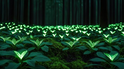 Wall Mural - Glow forest concept. A mesmerizing forest scene with glowing plants illuminating the dark surroundings.