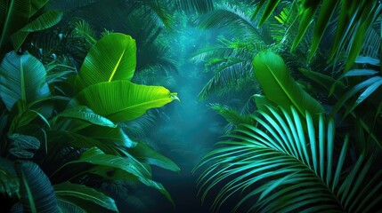 Wall Mural - Glow forest idea. Lush green tropical foliage creates a serene and vibrant atmosphere in nature.