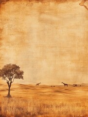 Poster - Lone acacia tree stands in the African savanna with giraffes grazing in the distance during golden hour. Generative AI