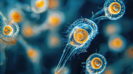 Poster - Marine animals microscopic idea. Microscopic view of glowing cells with vibrant colors and intricate details.