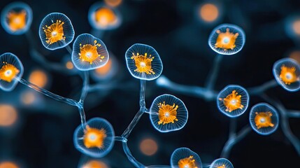 Poster - Marine animals microscopic idea. Close-up view of vibrant microorganisms with glowing orange features.
