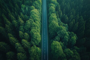 Poster - Endless road leading through a lush green forest under clear blue skies. Generative AI