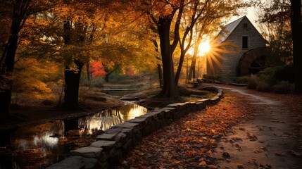 Poster - autumn mill in fall leaves