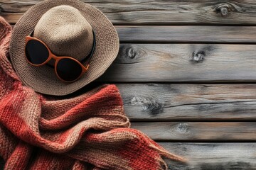 Poster - Fashion accessories arranged on a wooden table featuring hats, scarves, and sunglasses during a relaxed afternoon setting. Generative AI